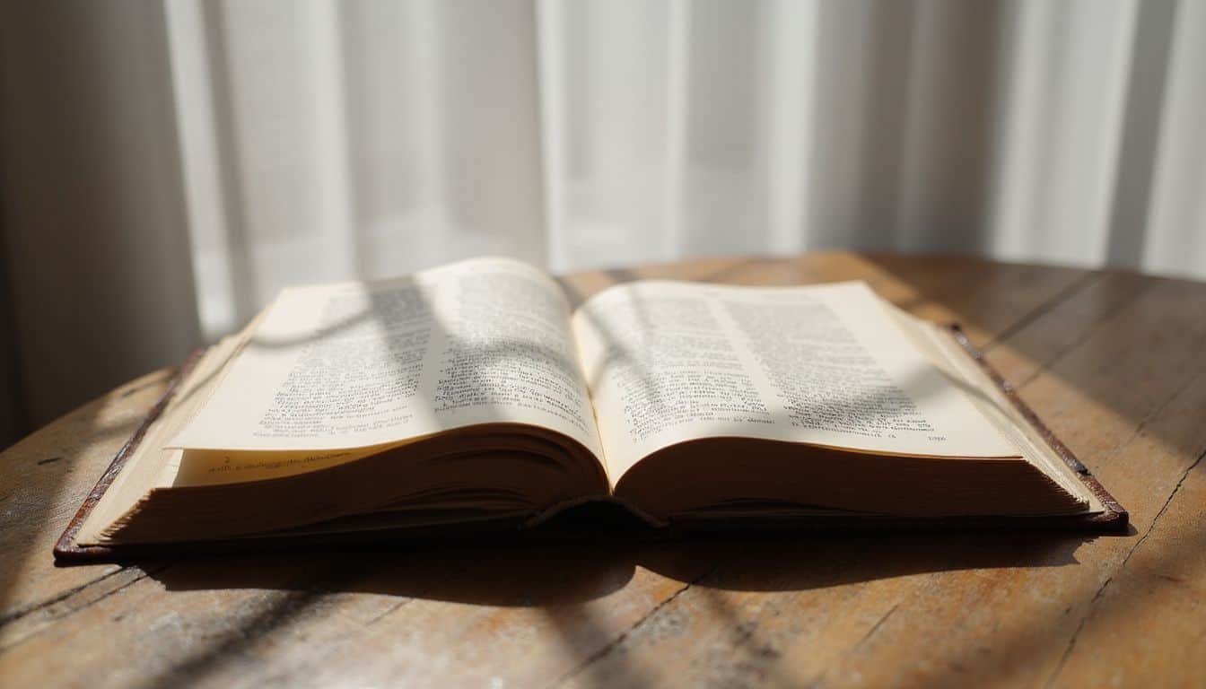 An open book on a wooden table in soft natural light.