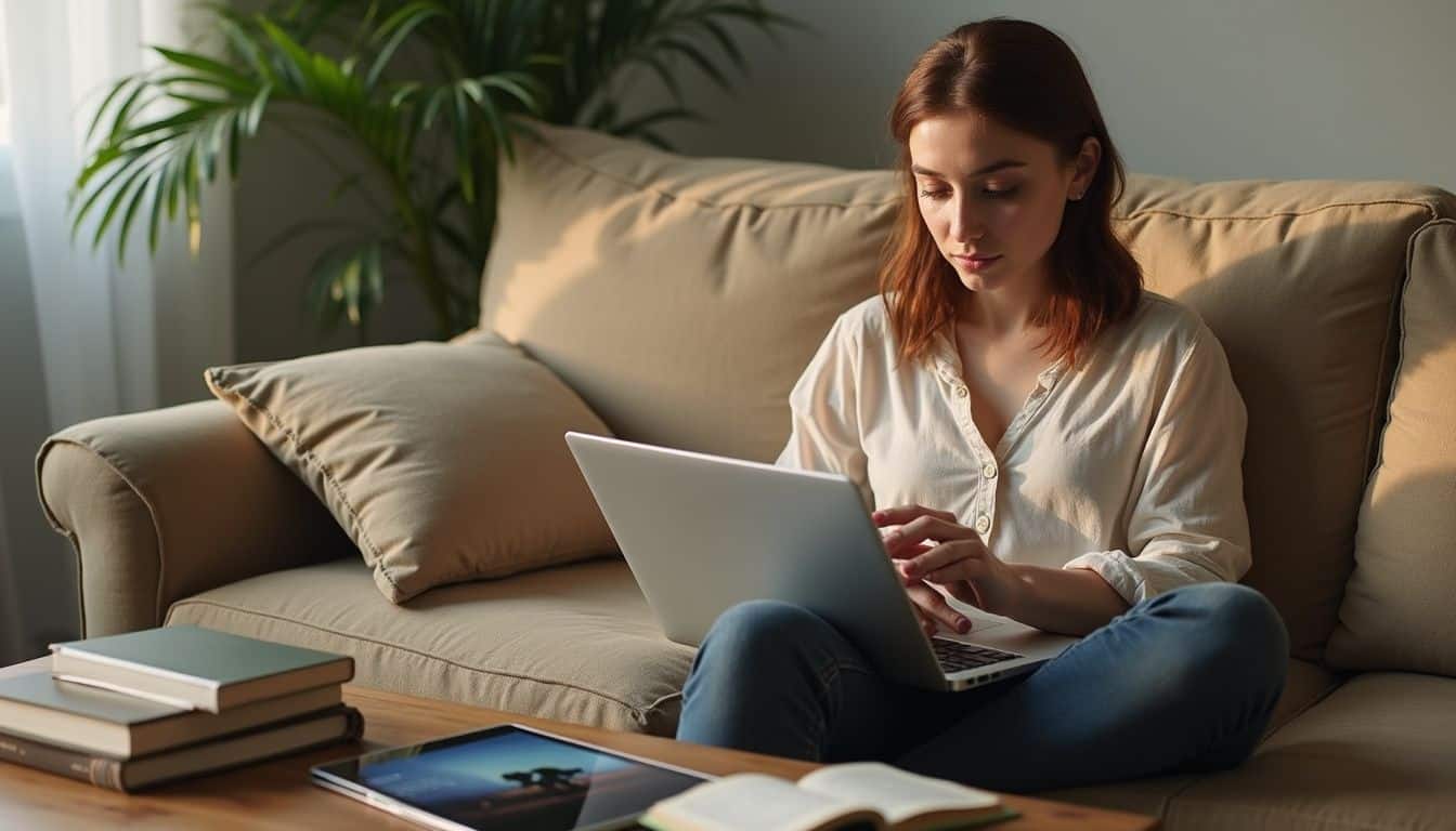 A woman seated on a cozy sofa, casually exploring books, a podcast, and an online forum.