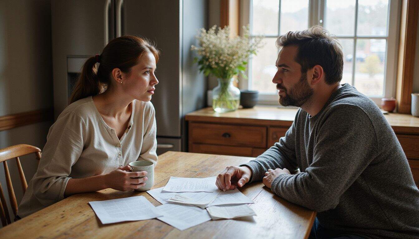 A man and a woman sit at a kitchen table, discussing documents with a serious yet thoughtful expression.