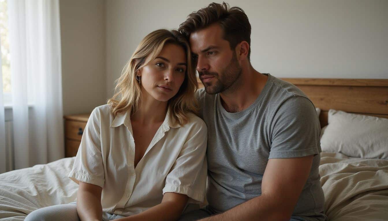 A couple in their 30s shares a quiet, intimate moment on a simple wooden bed frame.