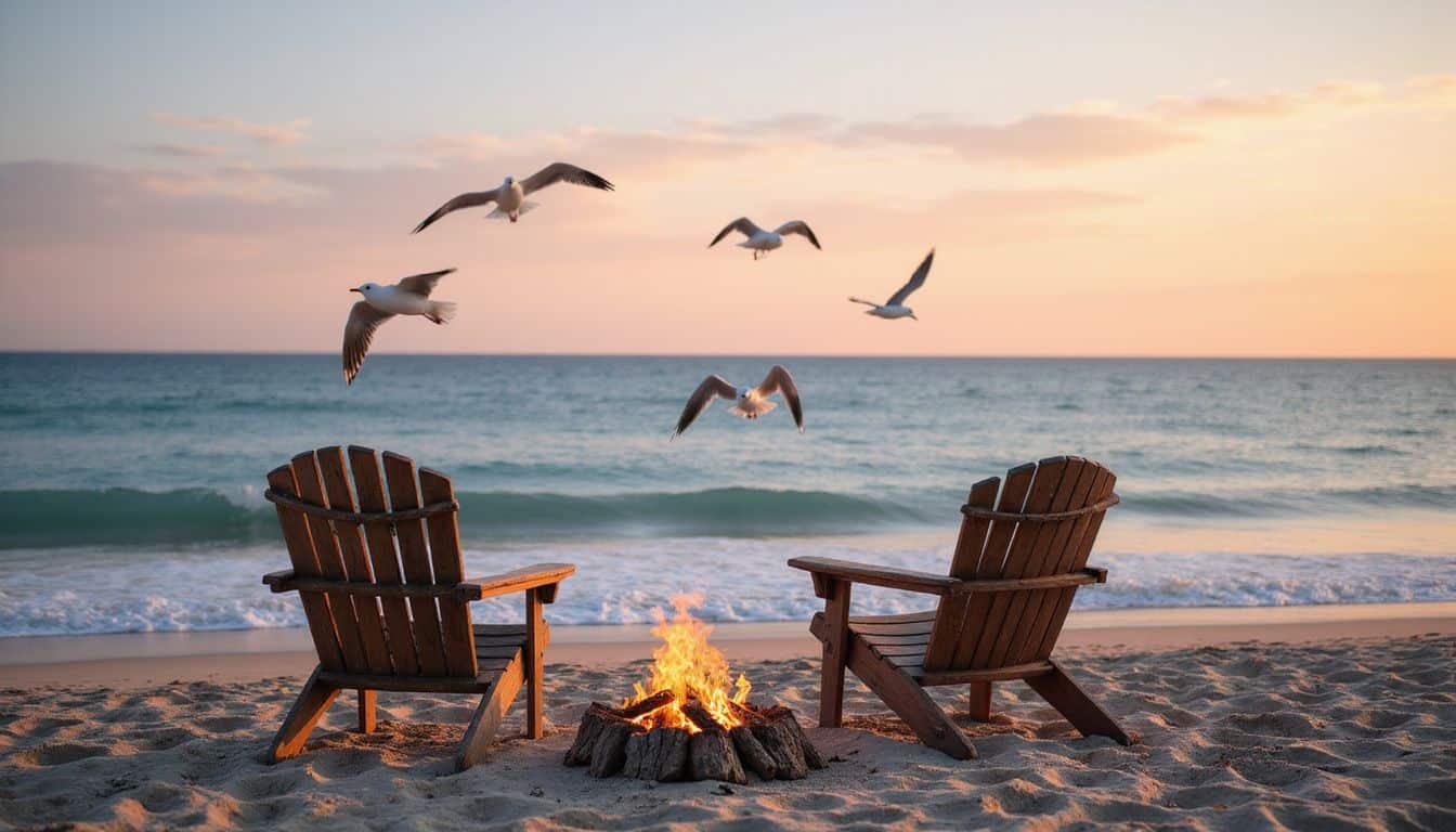 Empty beach chairs facing the ocean at sunset, with a bonfire and seagulls in the background.