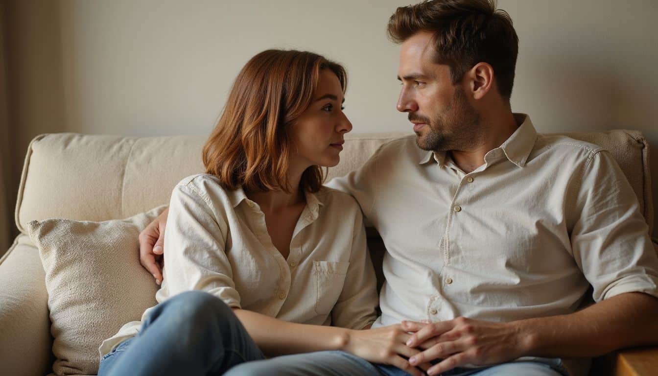 A couple in their late 30s sits closely together on a beige couch in a softly lit bedroom, exuding quiet intimacy.