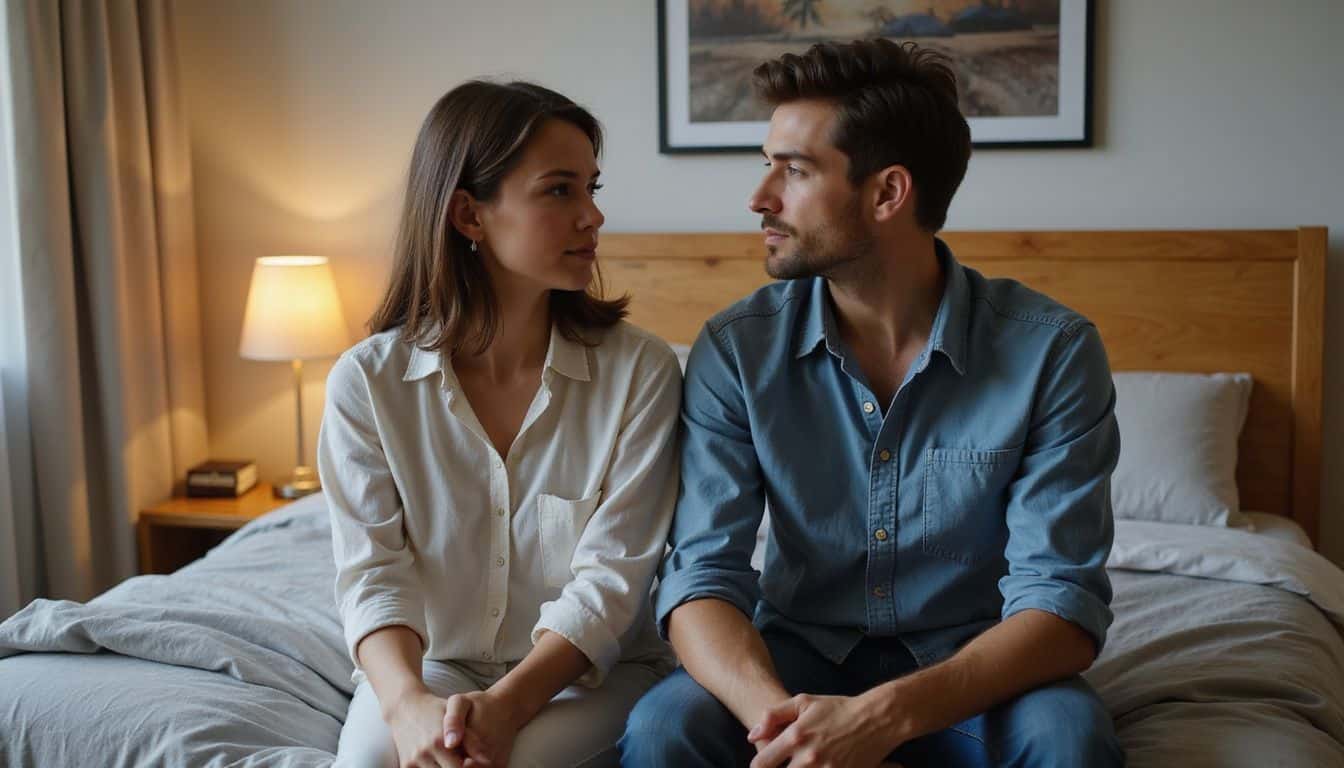 A couple in their mid-30s have a serious conversation while seated on a rumpled bed in a softly lit bedroom.