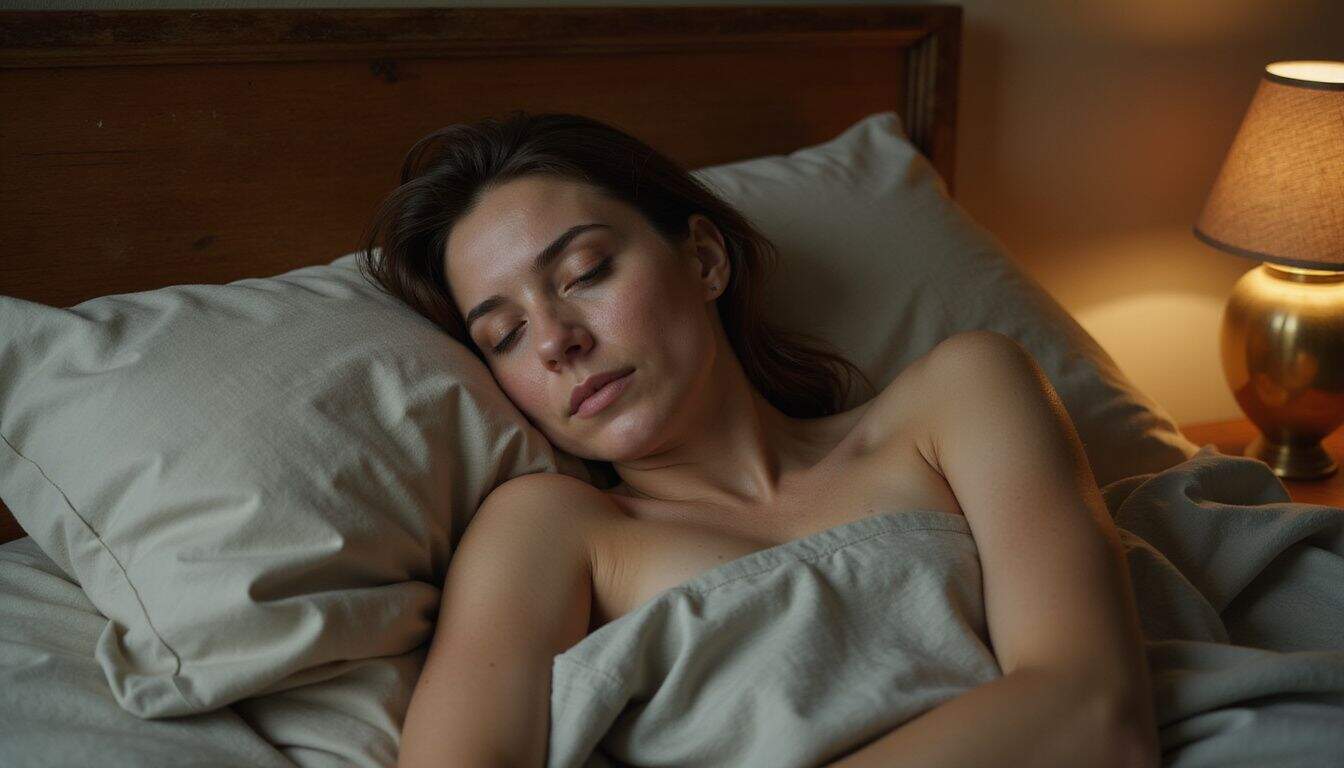 A woman in her 30s peacefully sleeps in a cozy, dimly lit bedroom. A woman in her 30s peacefully sleeps in a cozy, dimly lit bedroom.