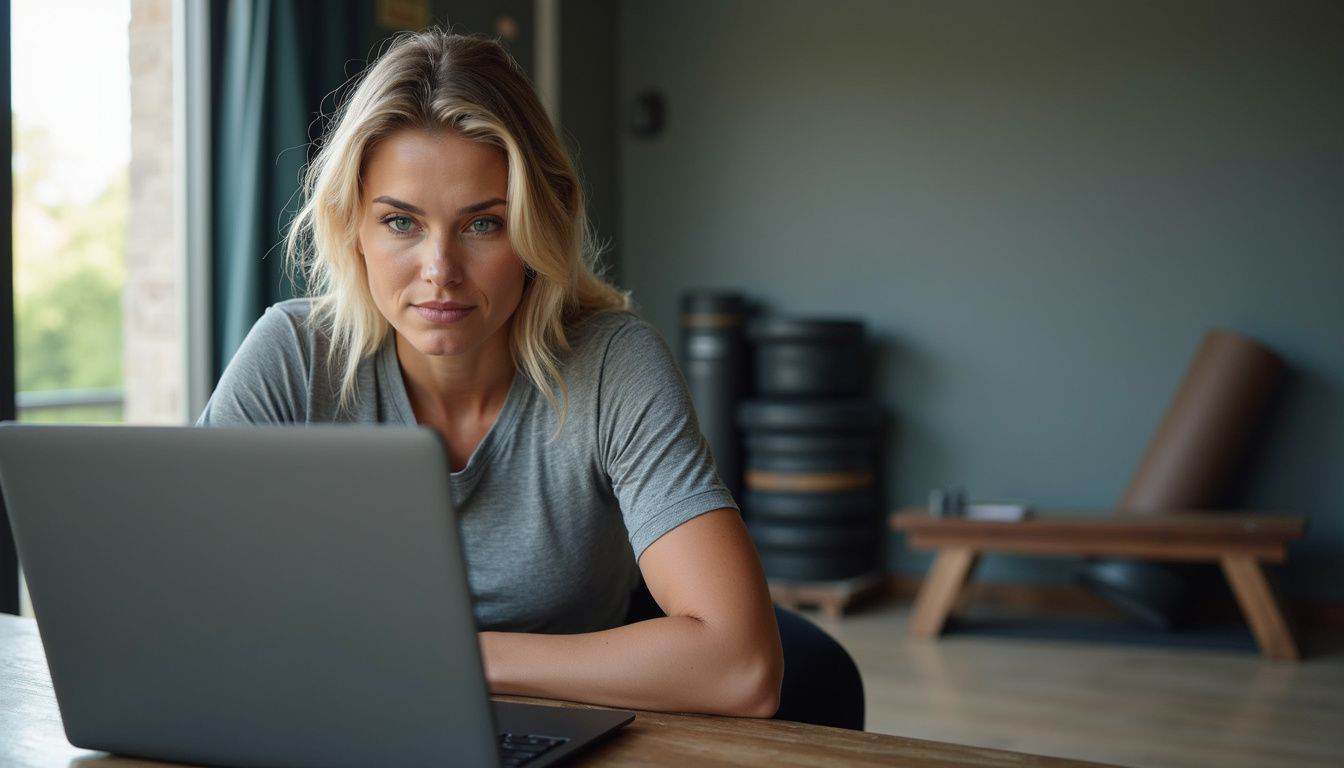 A woman in her 30s engages with an online powerlifting community in her home gym. A woman in her 30s engages with an online powerlifting community in her home gym.