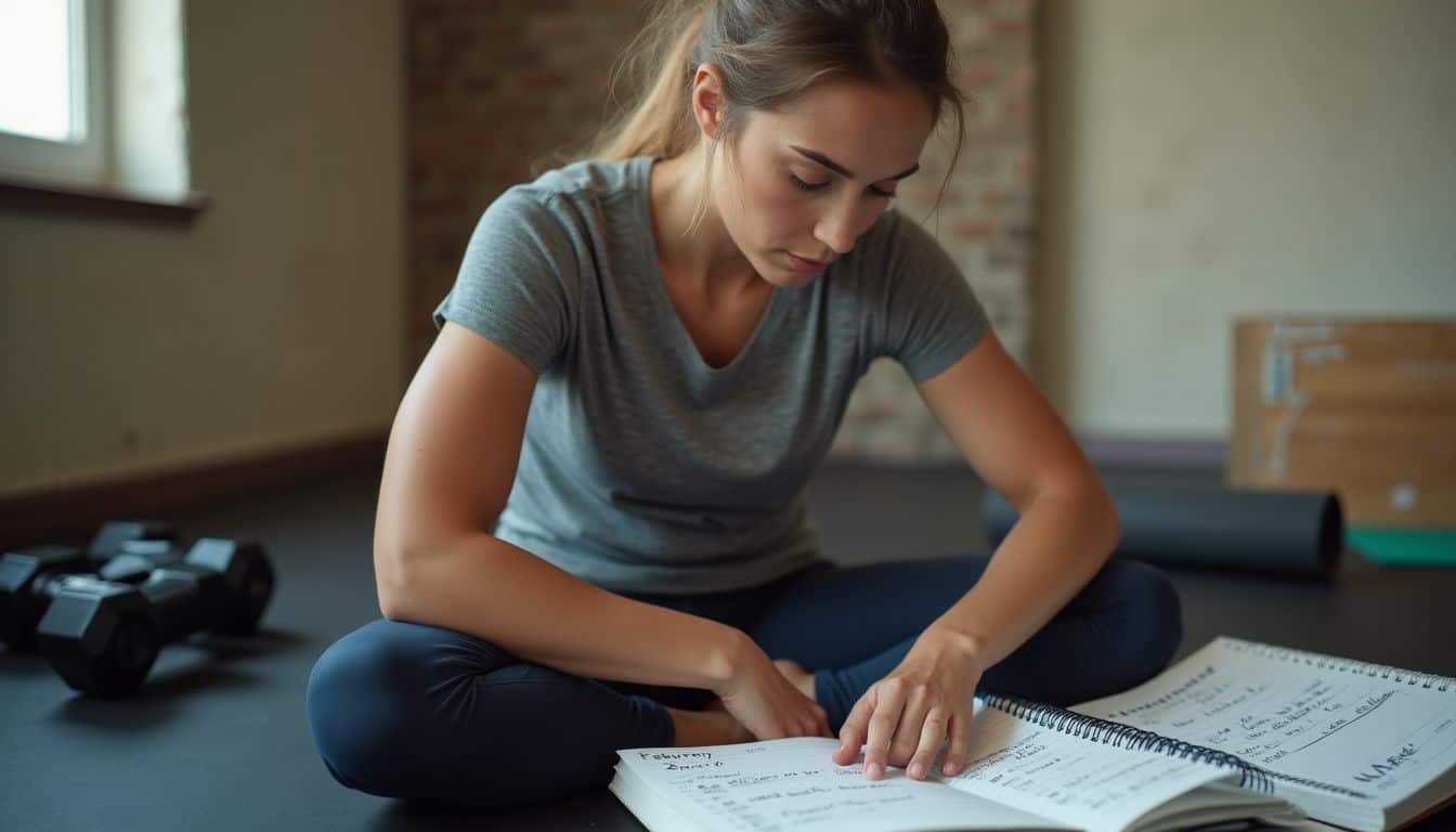 A woman in her 30s sits in a home gym, focused on her fitness goals in a worn planner. A woman in her 30s sits in a home gym, focused on her fitness goals in a worn planner.