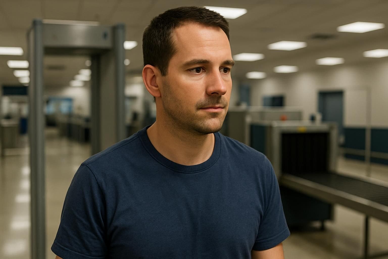 A man in his 30s stands at an airport security checkpoint, looking calm and focused. A man in his 30s stands at an airport security checkpoint, looking calm and focused.