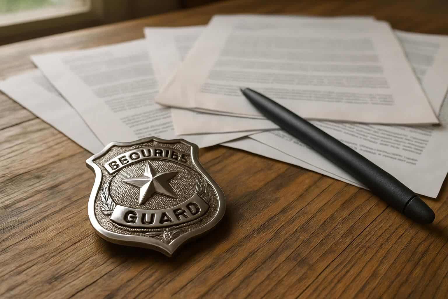 A security guard badge, official documents, and a pen on a wooden table. A security guard badge, official documents, and a pen on a wooden table.