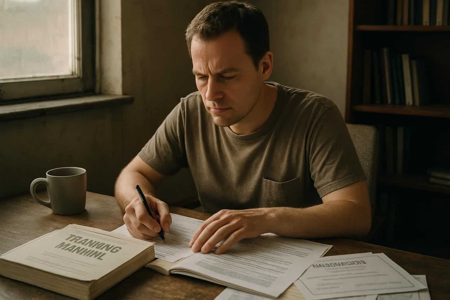 A person sits at a cluttered desk, studying in an intimate, focused moment. A person sits at a cluttered desk, studying in an intimate, focused moment.