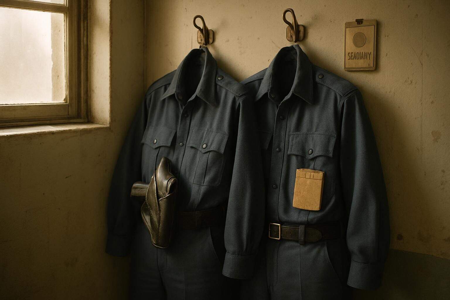 Two worn security guard uniforms, complete with service pistol and notepad, hang in a modest office. Two worn security guard uniforms, complete with service pistol and notepad, hang in a modest office.