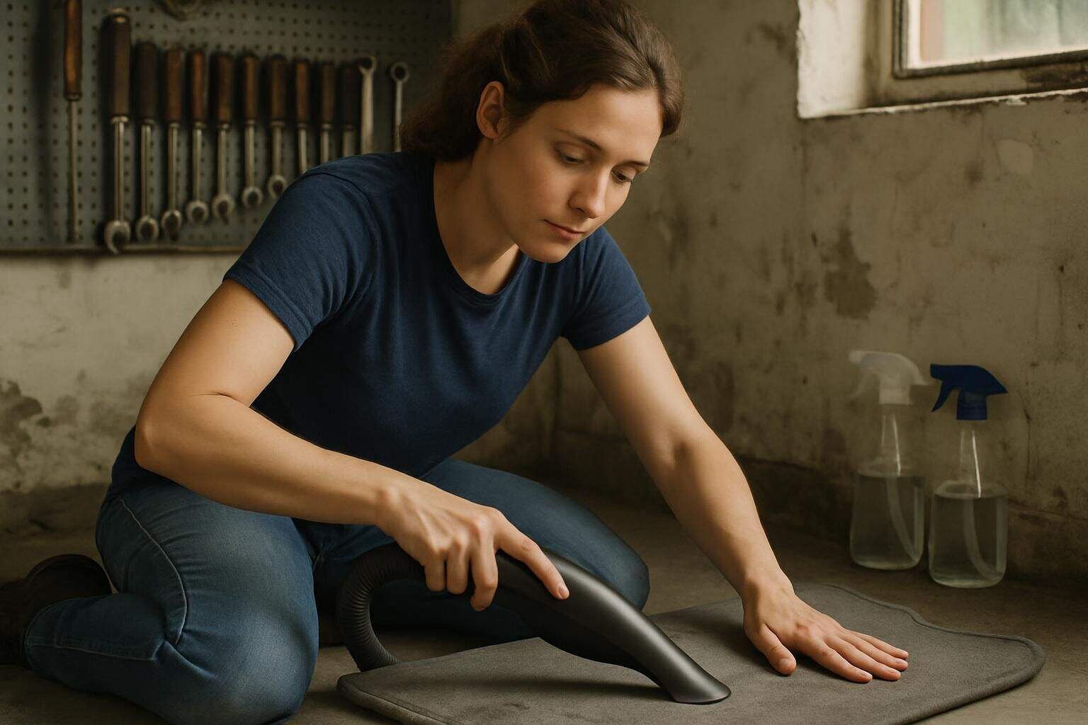 A woman is kneeling in a garage, cleaning a car mat with a handheld vacuum.