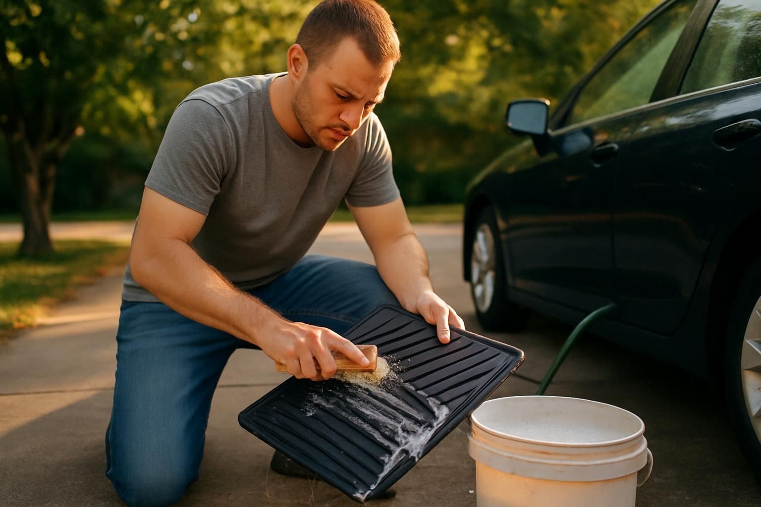 A man in his 30s cleans a car mat with a brush and soapy water.