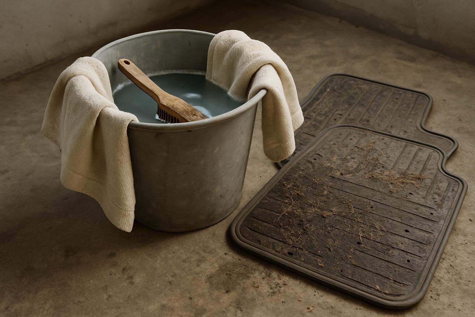 A well-worn bucket with soapy water, a brush, and towels next to dirty car floor mats.