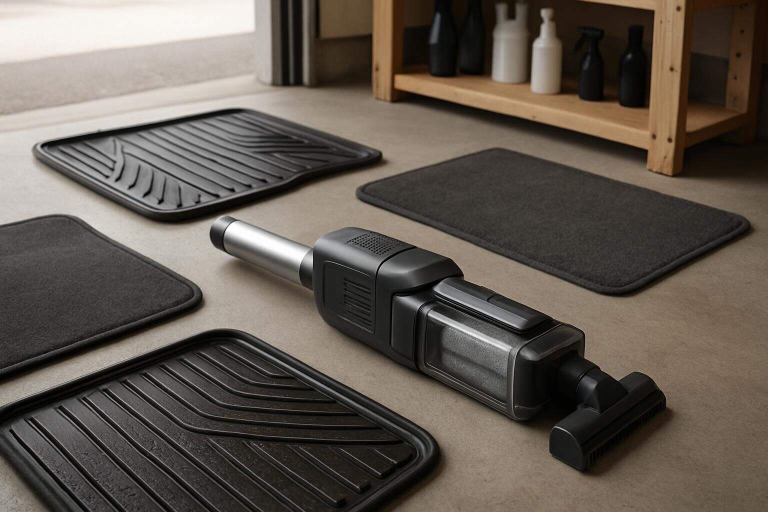 A portable car mat cleaning kit and various car mats displayed in a well-organized garage setting.