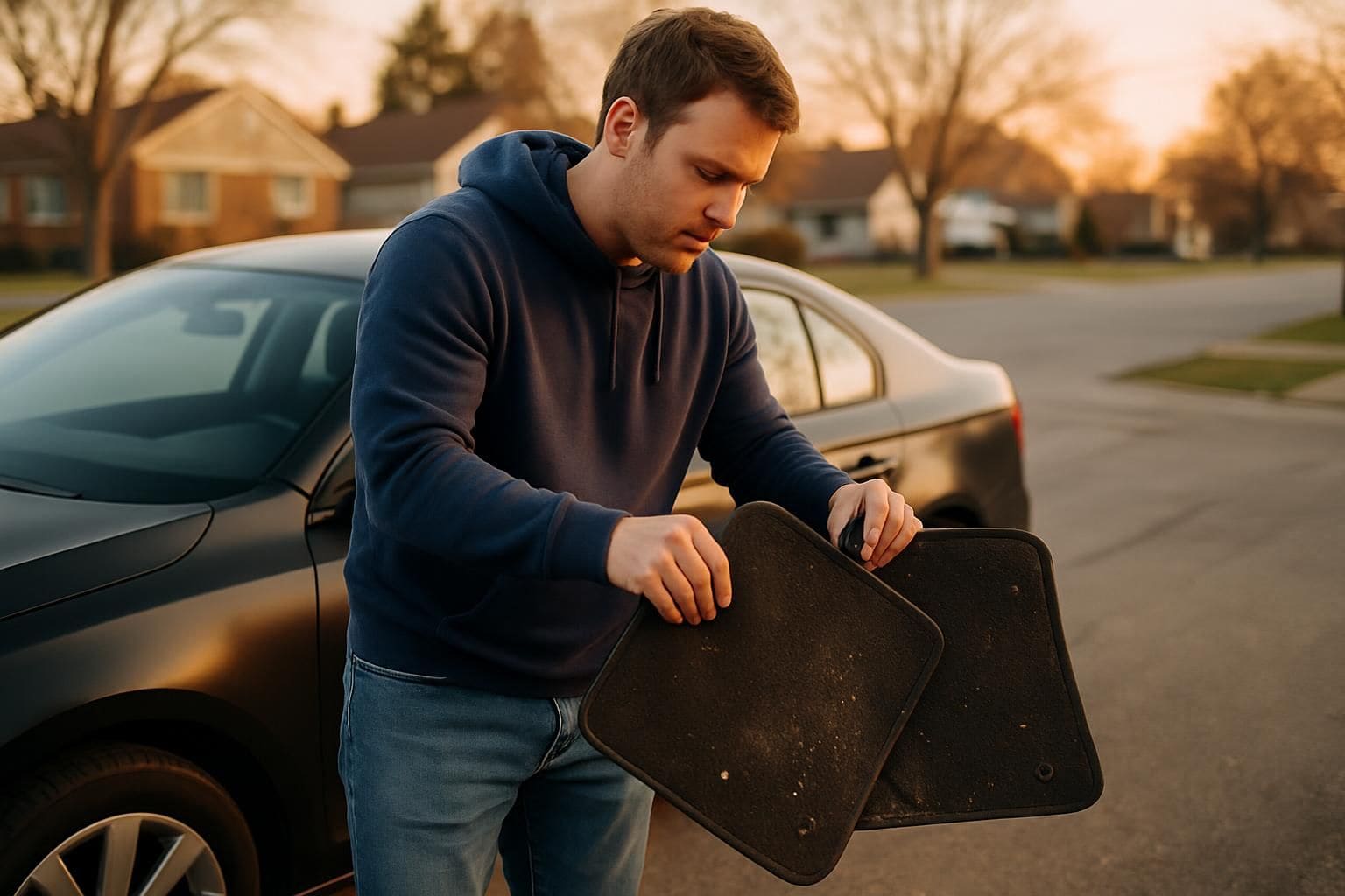 A man cleans car mats next to a parked sedan on a suburban street.