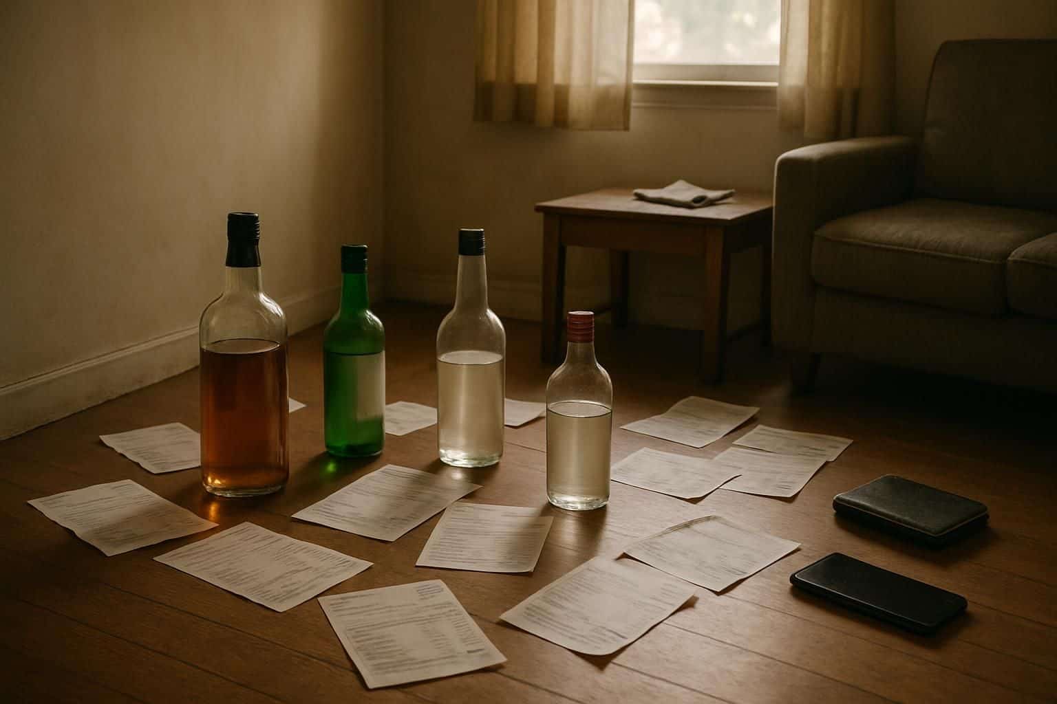 An empty room with scattered credit card statements, empty bottles, and personal items hints at compulsive addiction and secrecy. An empty room with scattered credit card statements, empty bottles, and personal items hints at compulsive addiction and secrecy.