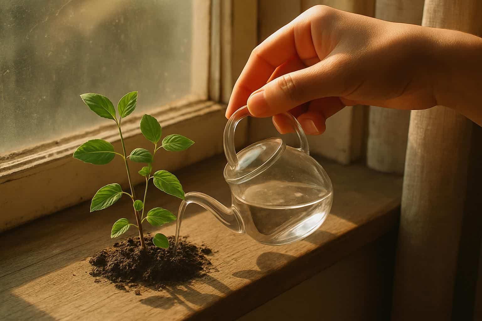 A hand delicately waters a young plant on a wooden windowsill, capturing a quiet, intimate moment. A hand delicately waters a young plant on a wooden windowsill, capturing a quiet, intimate moment.
