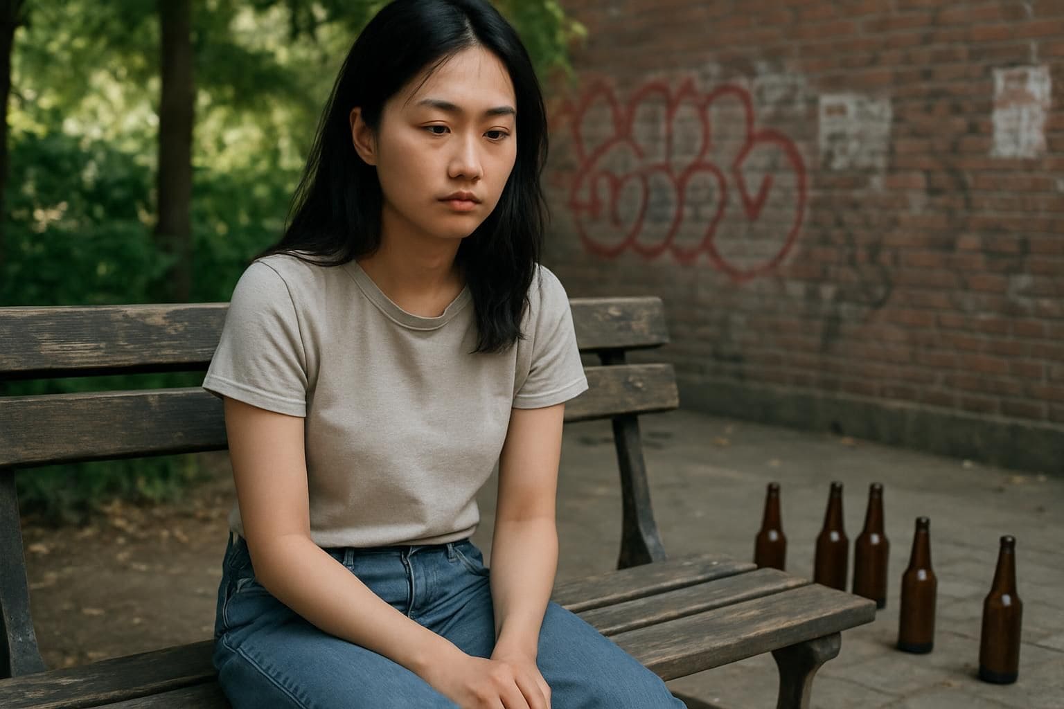 A young woman sits alone on a weathered park bench, looking pensive in an urban setting. A young woman sits alone on a weathered park bench, looking pensive in an urban setting.