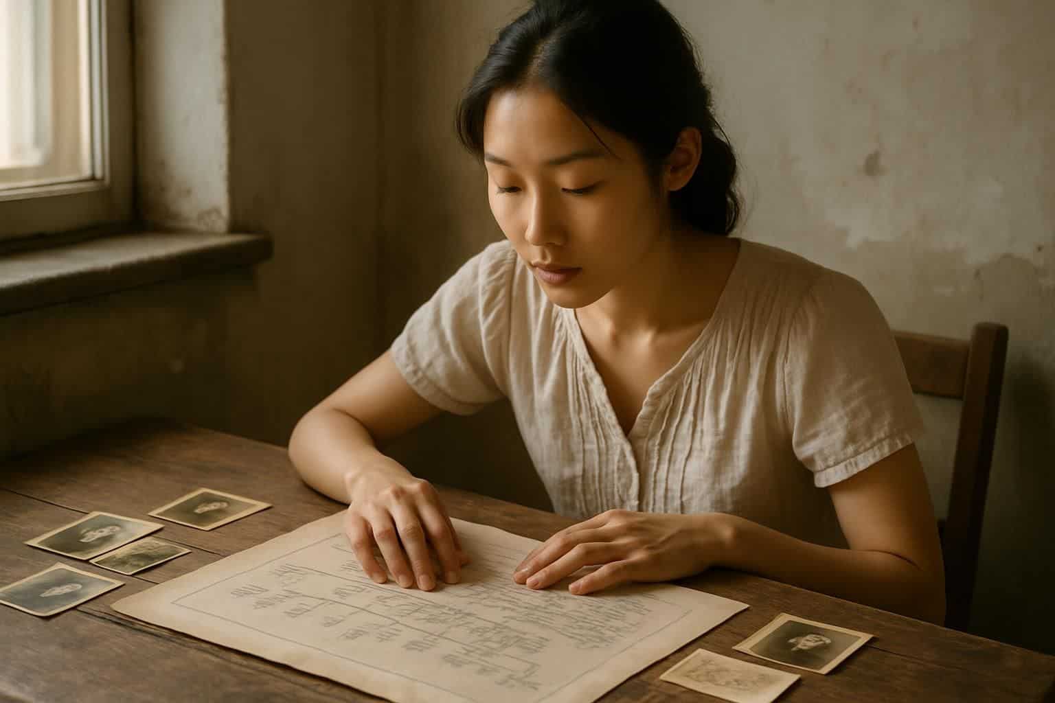 A young woman studies a detailed family tree and vintage photographs in a nostalgic, intimate setting. A young woman studies a detailed family tree and vintage photographs in a nostalgic, intimate setting.