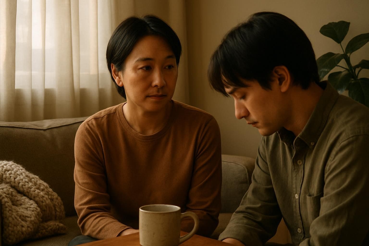 A caring individual comforts a loved one in a cozy, warmly furnished living room. A caring individual comforts a loved one in a cozy, warmly furnished living room.