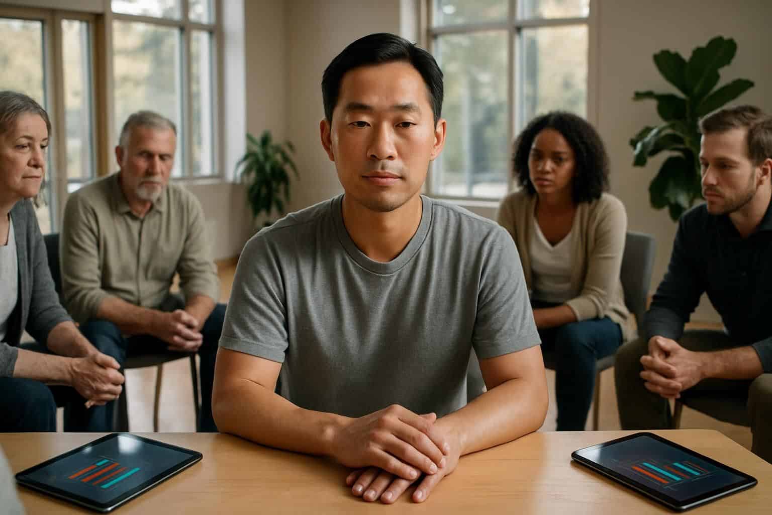 An East Asian therapist leads a group therapy session in a modern, sunlit community center. An East Asian therapist leads a group therapy session in a modern, sunlit community center.
