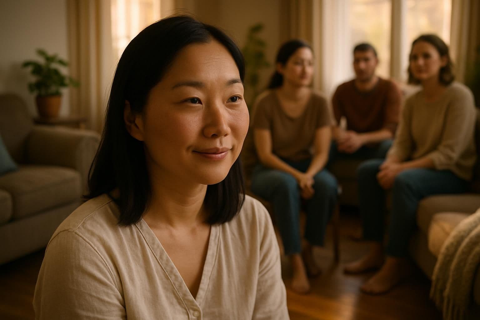 A woman in her 30s sits warmly surrounded by close friends and family in a comfortable living room. A woman in her 30s sits warmly surrounded by close friends and family in a comfortable living room.