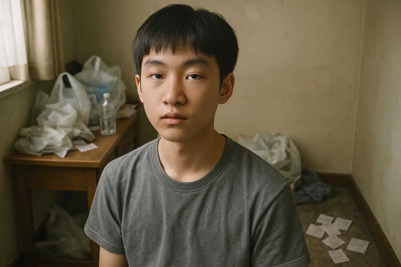 A teenage boy stands in a cluttered room, wearing a worn t-shirt, surrounded by scattered items. A teenage boy stands in a cluttered room, wearing a worn t-shirt, surrounded by scattered items.