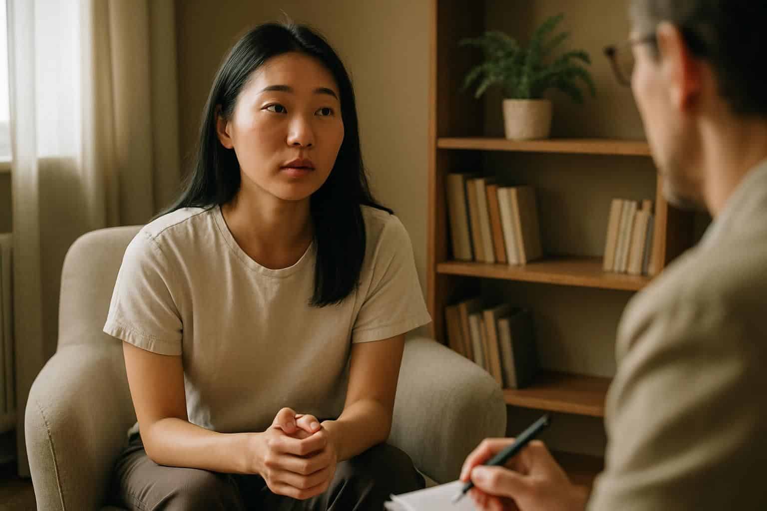 A young woman engaged in a therapy session in a warmly decorated office. A young woman engaged in a therapy session in a warmly decorated office.