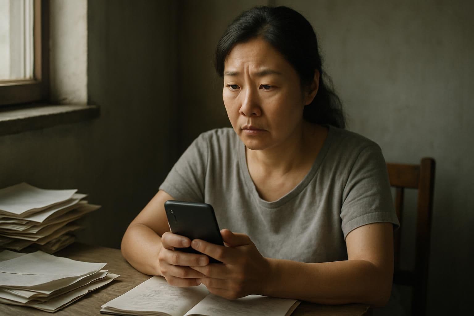 A middle-aged woman sits in a dimly lit room, looking at her phone with a tense expression. A middle-aged woman sits in a dimly lit room, looking at her phone with a tense expression.
