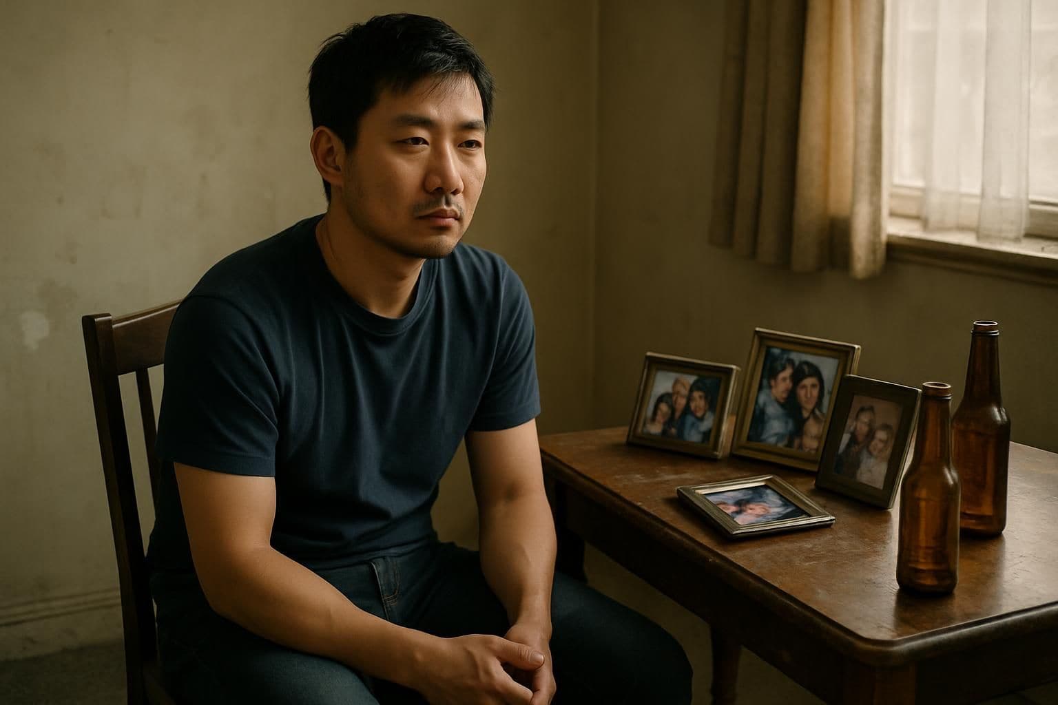 A man in his 30s sits alone in a dimly lit room, surrounded by family photos and empty beer bottles. A man in his 30s sits alone in a dimly lit room, surrounded by family photos and empty beer bottles.