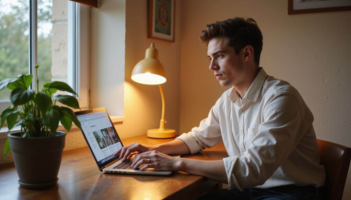A young adult at a desk, creating non-adult content for OnlyFans on a laptop. A young adult at a desk, creating non-adult content for OnlyFans on a laptop.