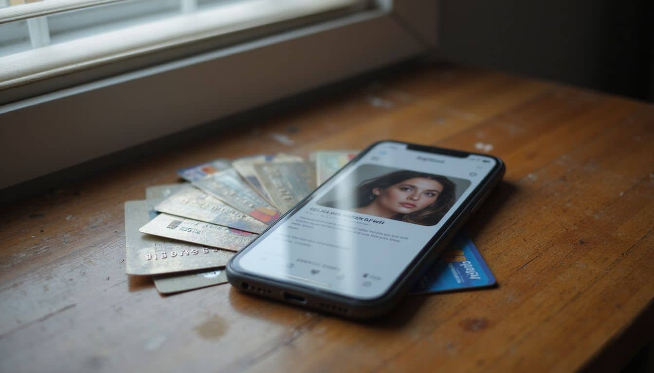 A smartphone with the OnlyFans app open to a profile, surrounded by fake IDs and prepaid credit cards. A smartphone with the OnlyFans app open to a profile, surrounded by fake IDs and prepaid credit cards.