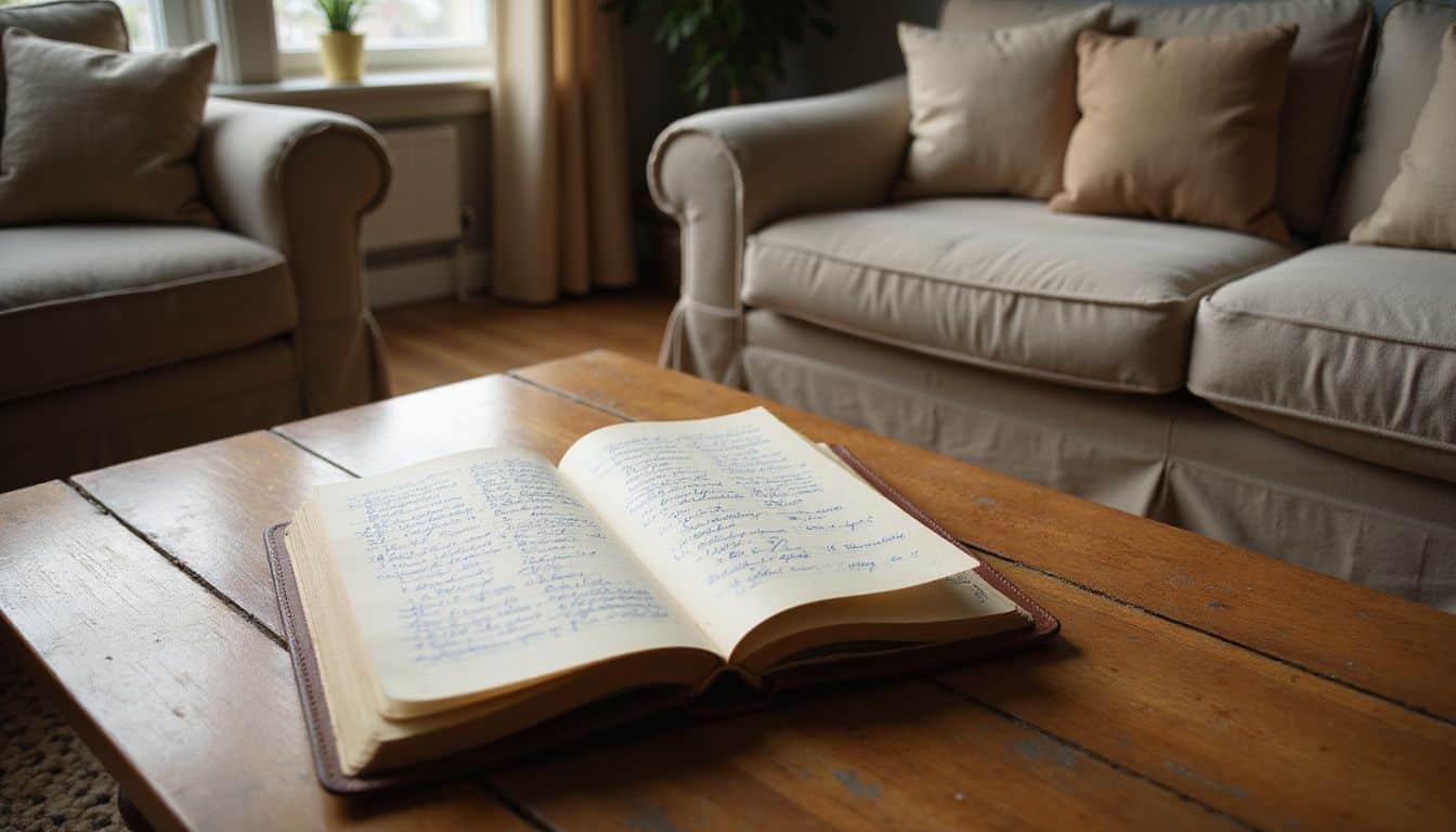 A cozy living room with a wooden coffee table holding an open journal and plush fabric sofas. A cozy living room with a wooden coffee table holding an open journal and plush fabric sofas.