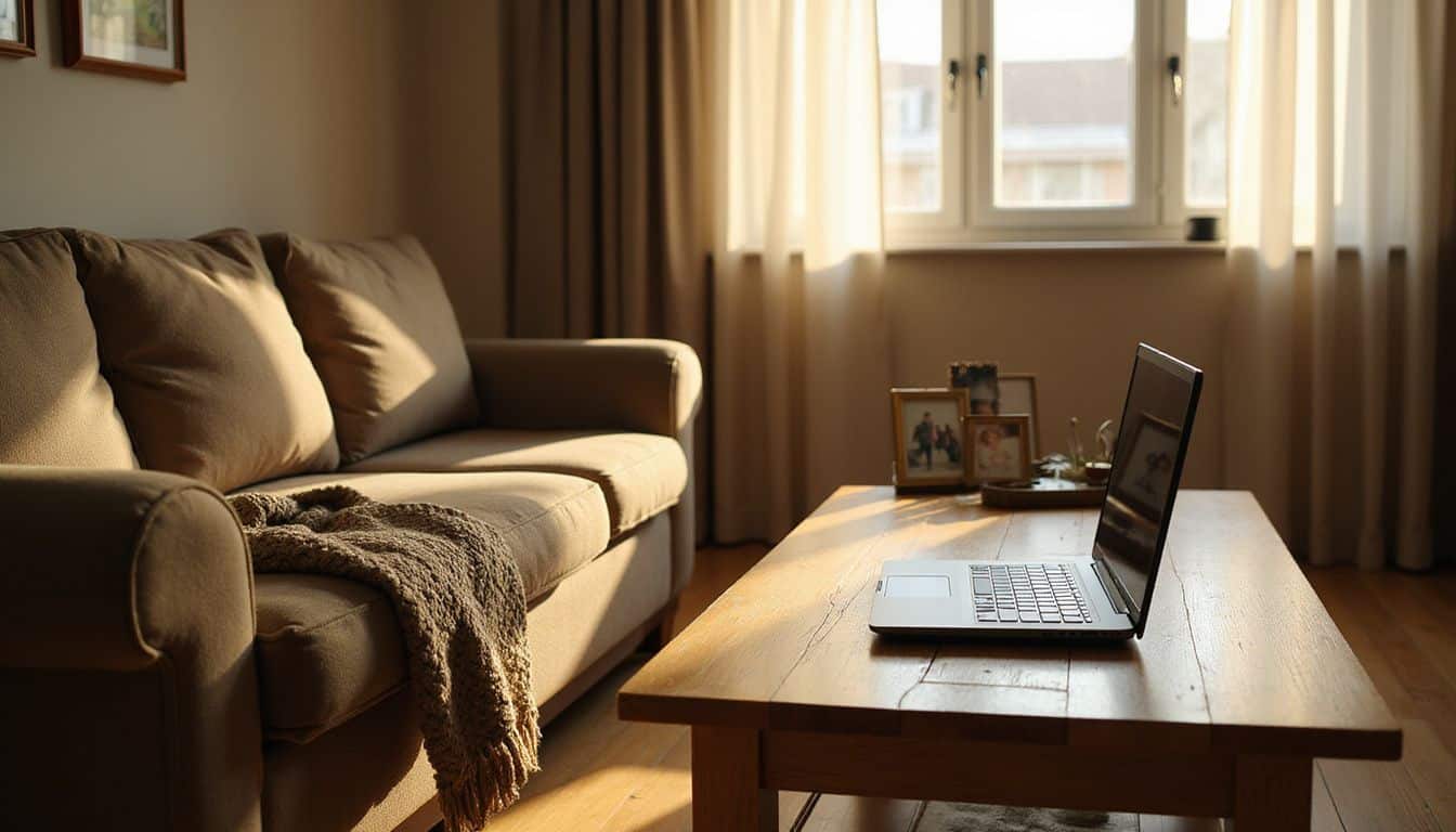 A cozy living room with a worn sofa, family photos, laptop, and a figure out of frame. A cozy living room with a worn sofa, family photos, laptop, and a figure out of frame.