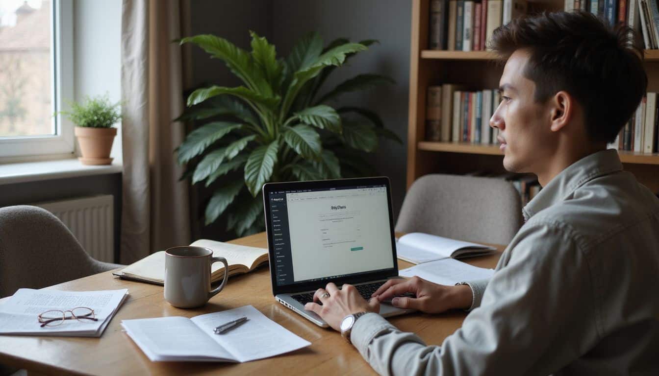 A person using OnlyFans on a laptop in a cozy home office. A person using OnlyFans on a laptop in a cozy home office.
