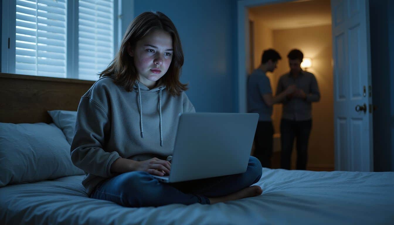 A teenage girl seated on her bed late at night, making an online payment with a prepaid card, while two concerned adults observe from the doorway. A teenage girl seated on her bed late at night, making an online payment with a prepaid card, while two concerned adults observe from the doorway.