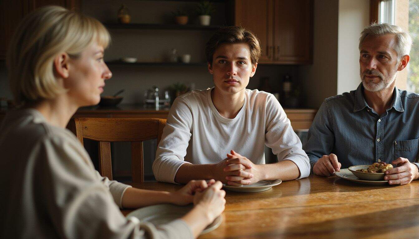 A young adult engages with their parents in a warm, intimate dining room setting. A young adult engages with their parents in a warm, intimate dining room setting.