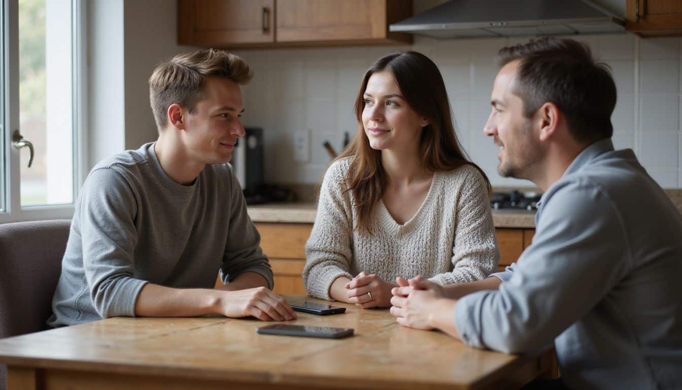 A young adult and their parents sit around a kitchen table, sharing a moment of genuine connection and quiet empathy. A young adult and their parents sit around a kitchen table, sharing a moment of genuine connection and quiet empathy.