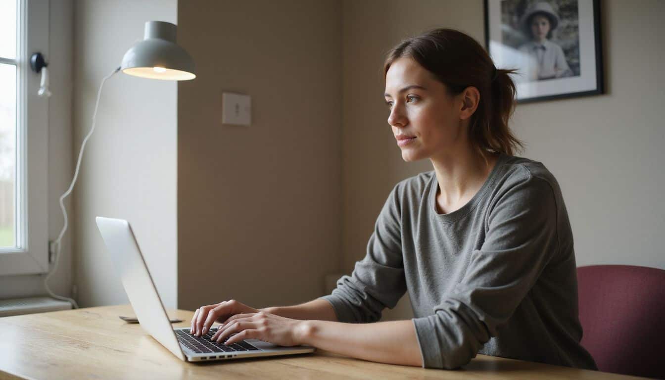 A young woman is working on a laptop at a wooden desk in her home office. A young woman is working on a laptop at a wooden desk in her home office.