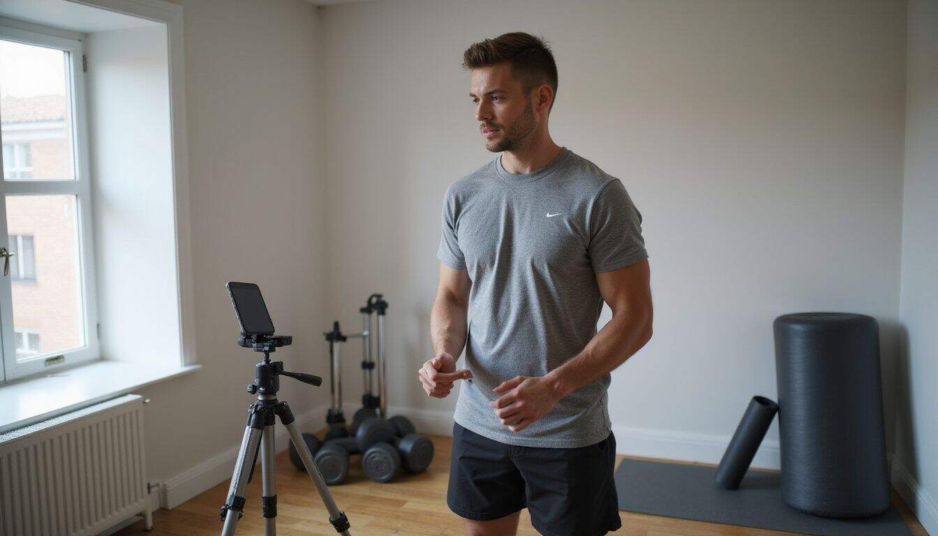 A fitness trainer guides a workout session in a simple, well-equipped home space. A fitness trainer guides a workout session in a simple, well-equipped home space.