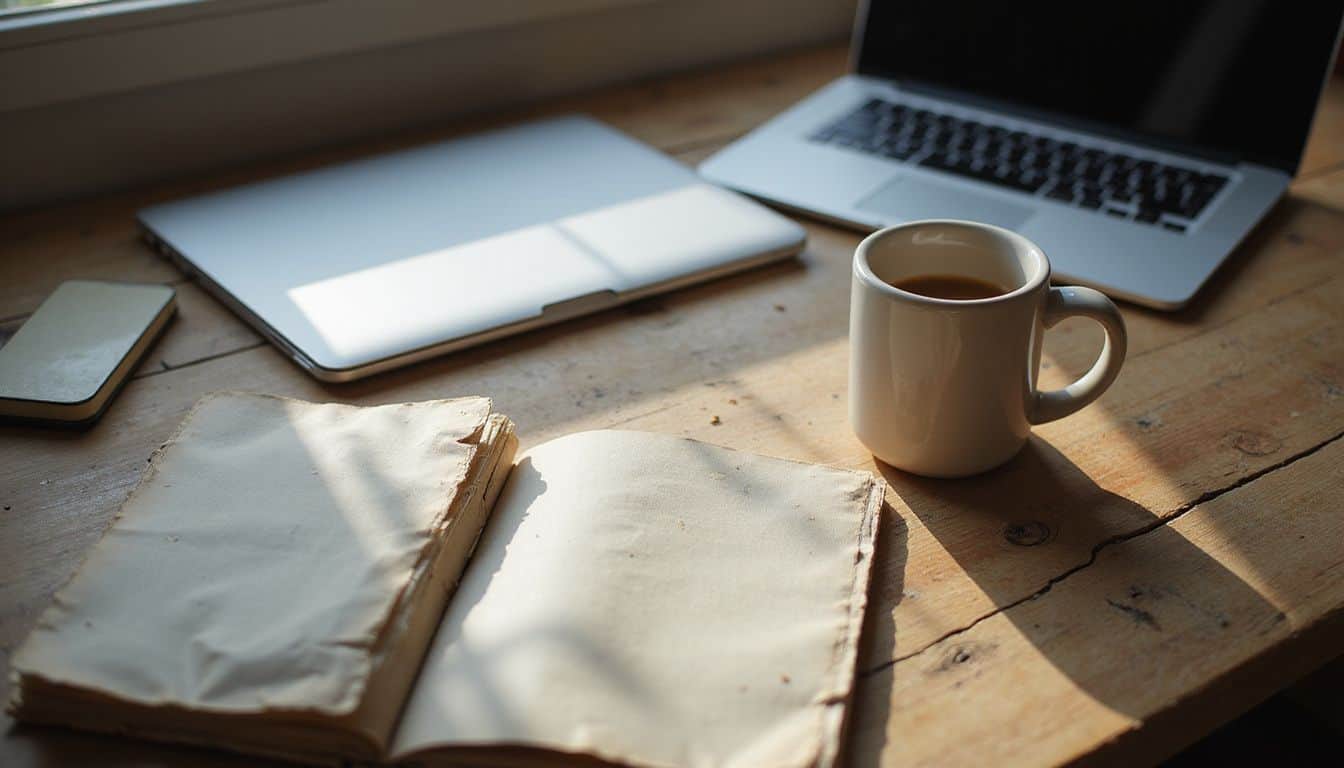 A cluttered wooden desk with a laptop, notebooks, and a coffee mug, evoking a work-focused atmosphere. A cluttered wooden desk with a laptop, notebooks, and a coffee mug, evoking a work-focused atmosphere.