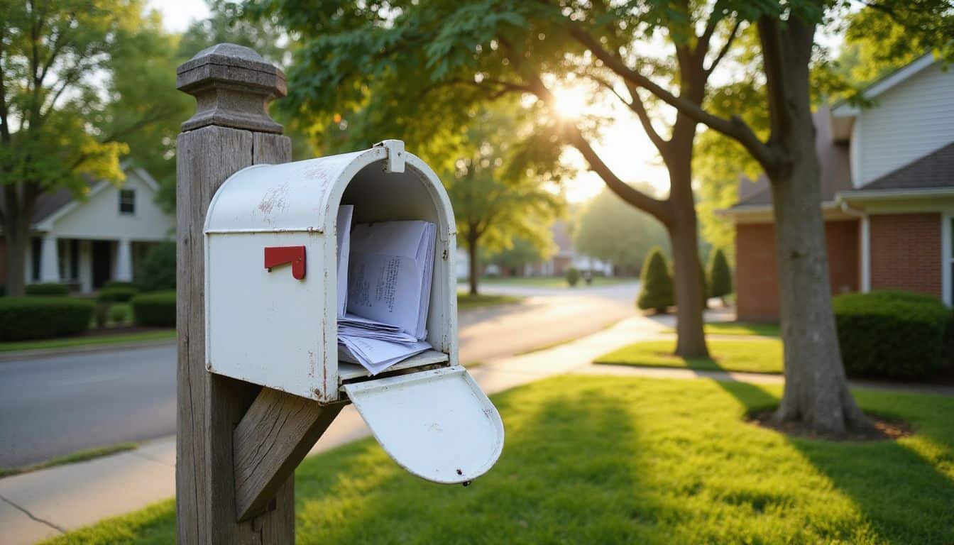 A white mailbox with an open door, filled with neatly stacked subscription letters, in a suburban neighborhood. A white mailbox with an open door, filled with neatly stacked subscription letters, in a suburban neighborhood.
