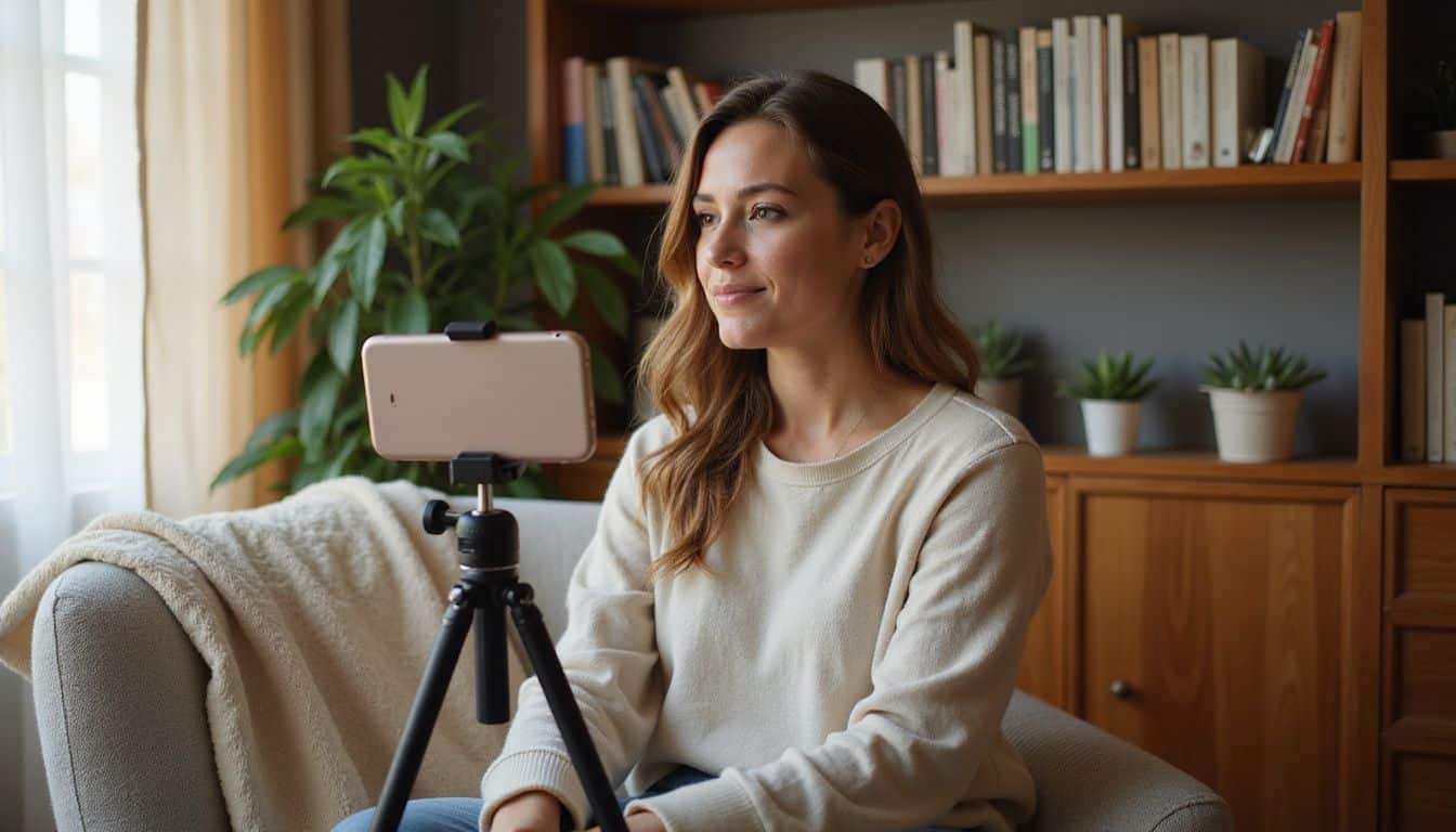 A woman in her thirties shares wellness advice from her cozy living room. A woman in her thirties shares wellness advice from her cozy living room.