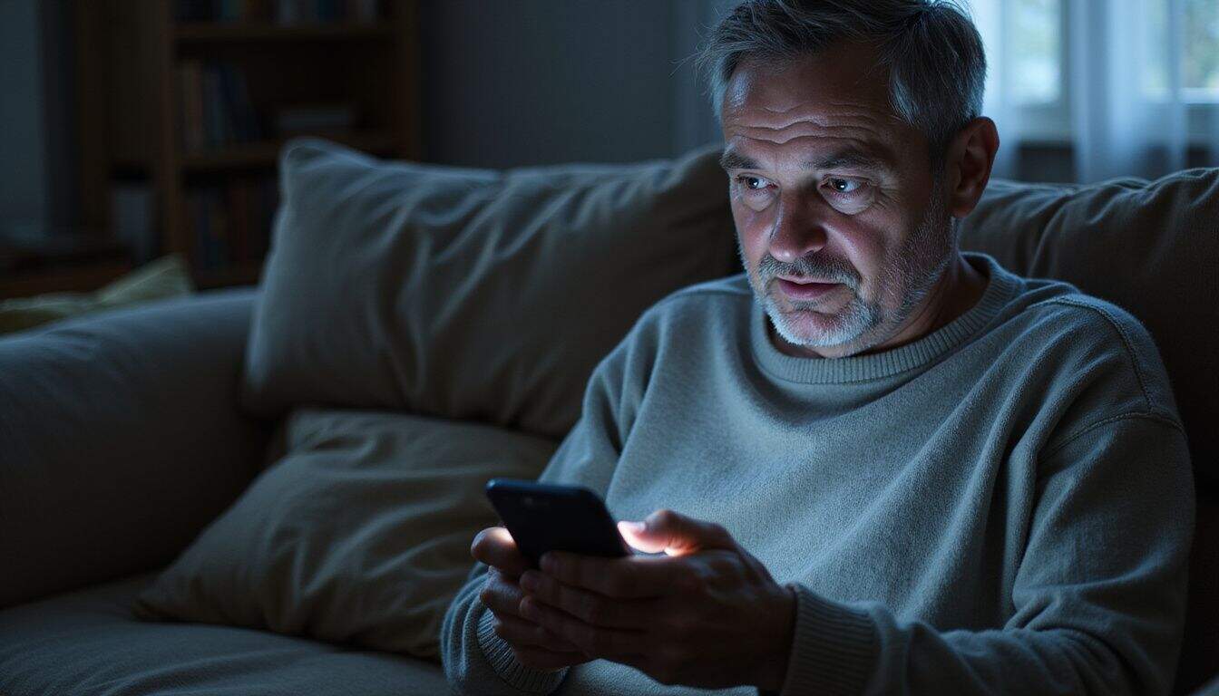 A middle-aged parent sits on a couch, engrossed in their smartphone late at night. A middle-aged parent sits on a couch, engrossed in their smartphone late at night.