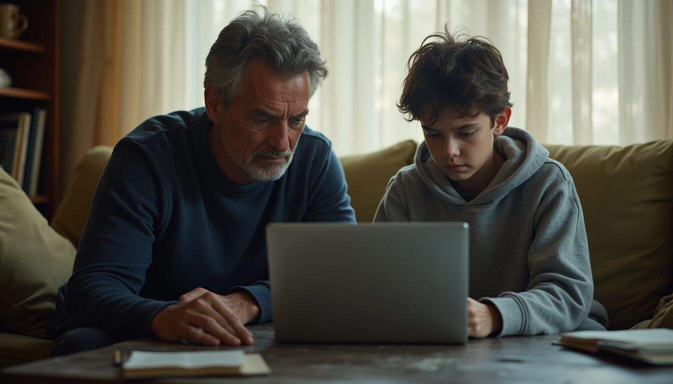A worried parent and a teen discuss online safety and financial risks in a modest living room. A worried parent and a teen discuss online safety and financial risks in a modest living room.