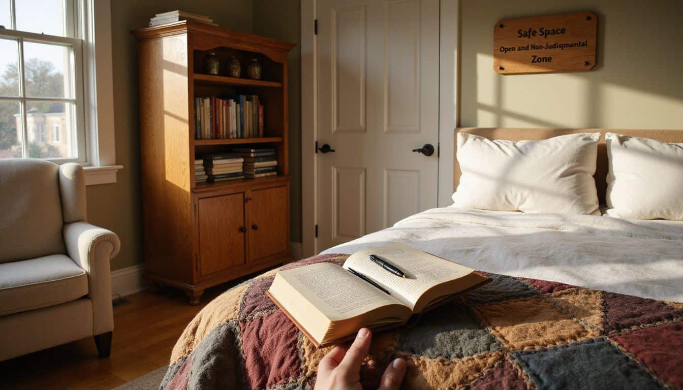 A cozy, welcoming bedroom with a bookshelf, armchair, bed, and a 'Safe Space' sign. A cozy, welcoming bedroom with a bookshelf, armchair, bed, and a 'Safe Space' sign.