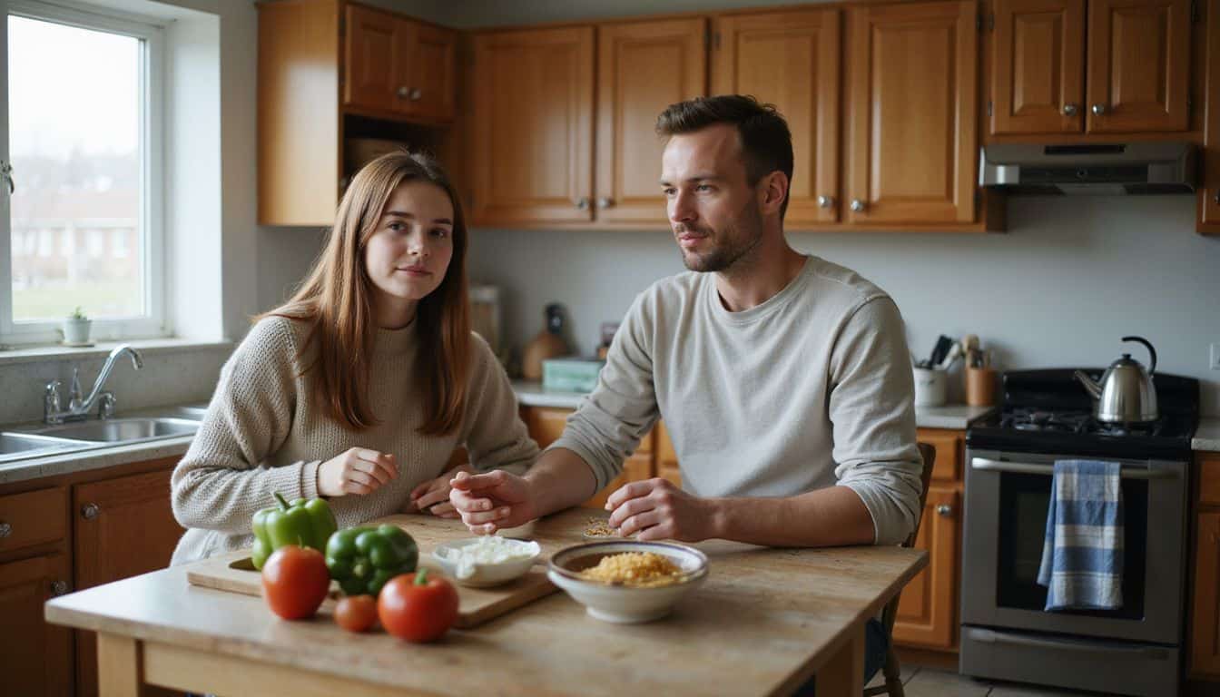 A father and daughter cooking together in a warmly lit, cozy kitchen. A father and daughter cooking together in a warmly lit, cozy kitchen.