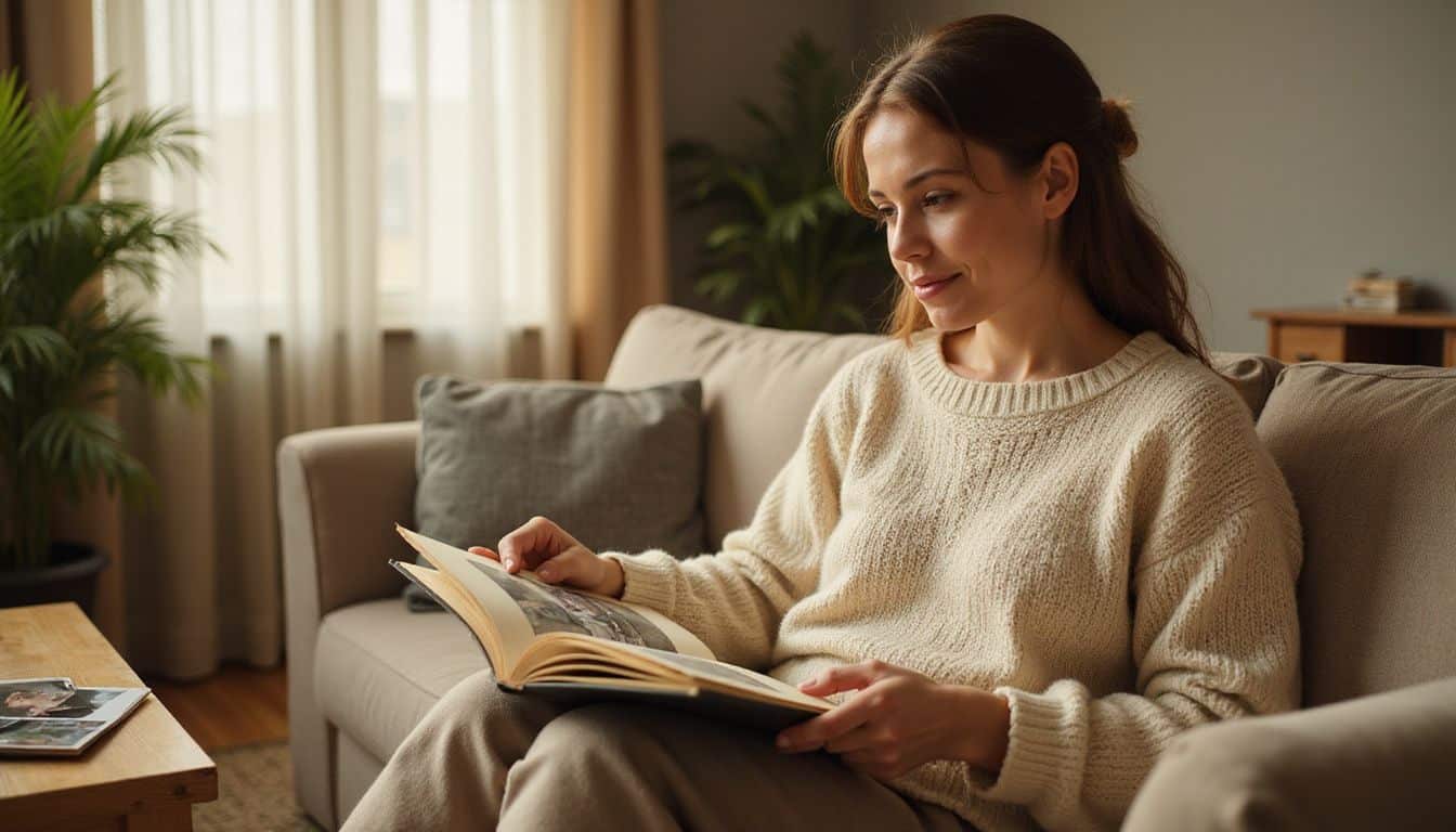 A woman in her 40s sits on a cozy sofa, looking through an old photo album. A woman in her 40s sits on a cozy sofa, looking through an old photo album.