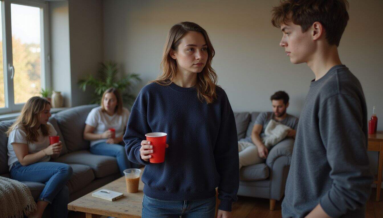 A teenage girl declines a drink in a calmly confident manner at a casual gathering. A teenage girl declines a drink in a calmly confident manner at a casual gathering.