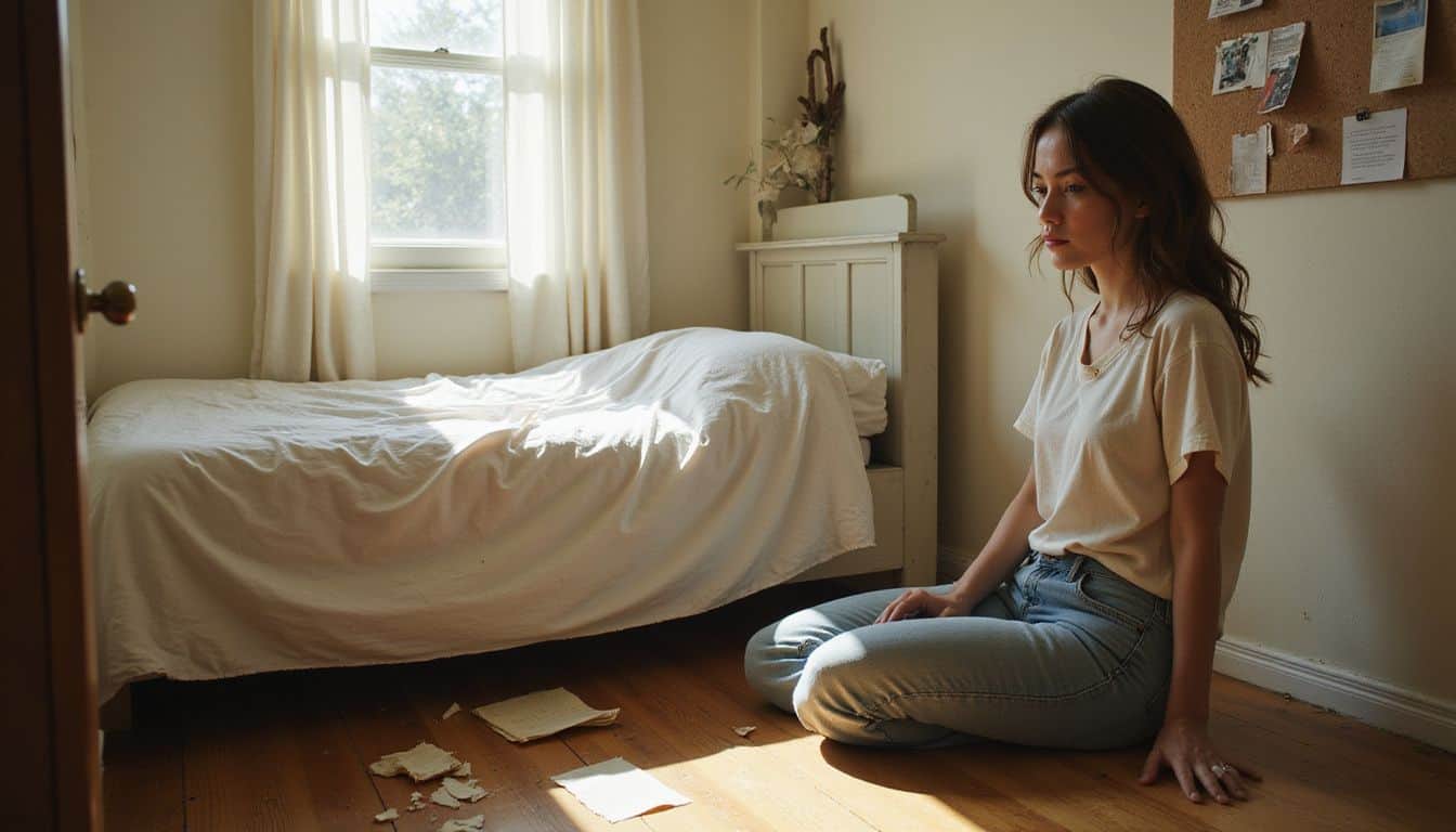 A young woman sits in a modest, sunlit bedroom, reflecting on a torn love letter. A young woman sits in a modest, sunlit bedroom, reflecting on a torn love letter.